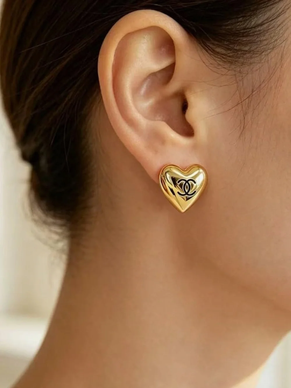 CHANEL Heart Logo Stud Earrings